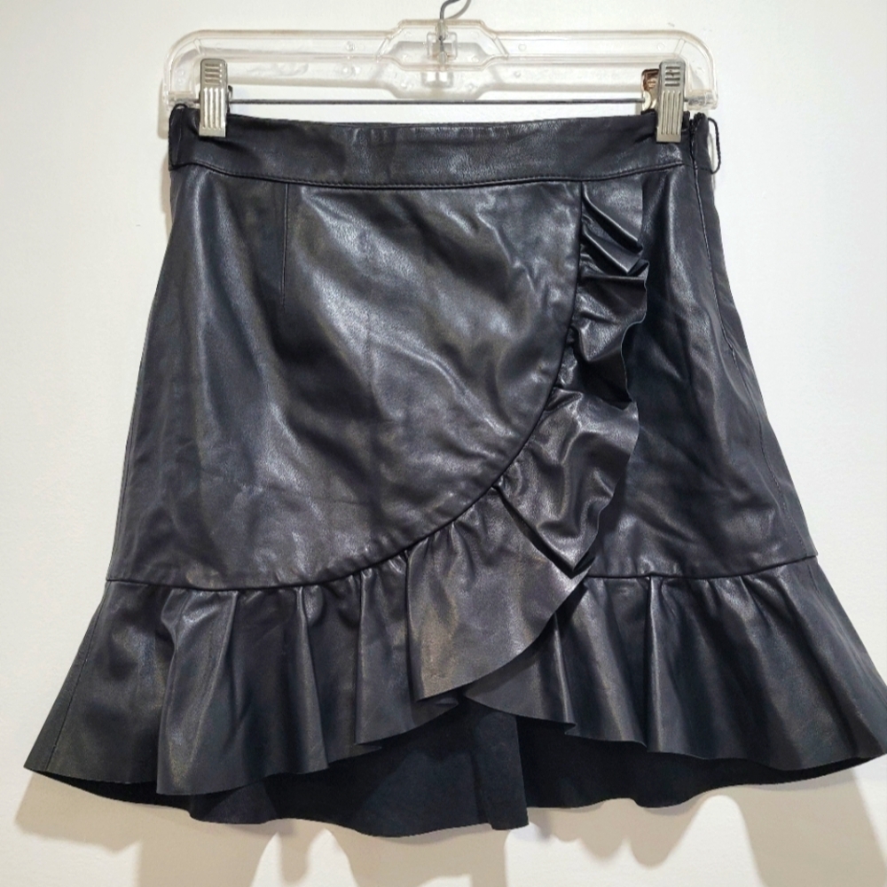Paige Black Ruffled Soft Mini Leather Skirt